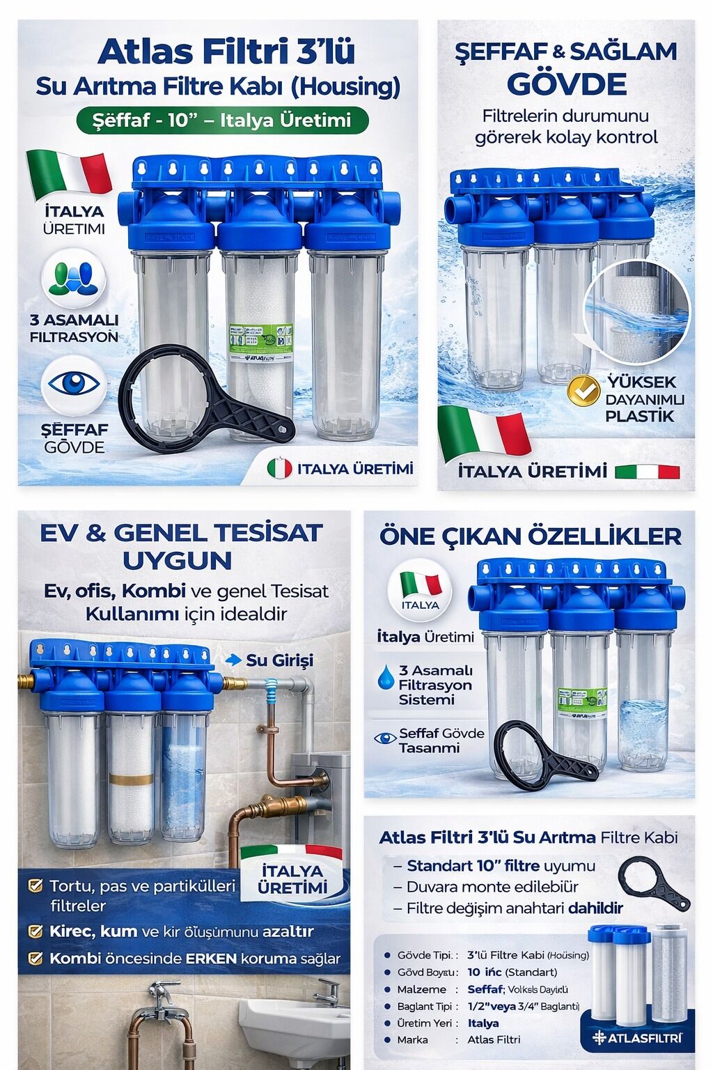 Atlas 3lü Boş Housing DP 10  1” OT TS Filtre Kabı