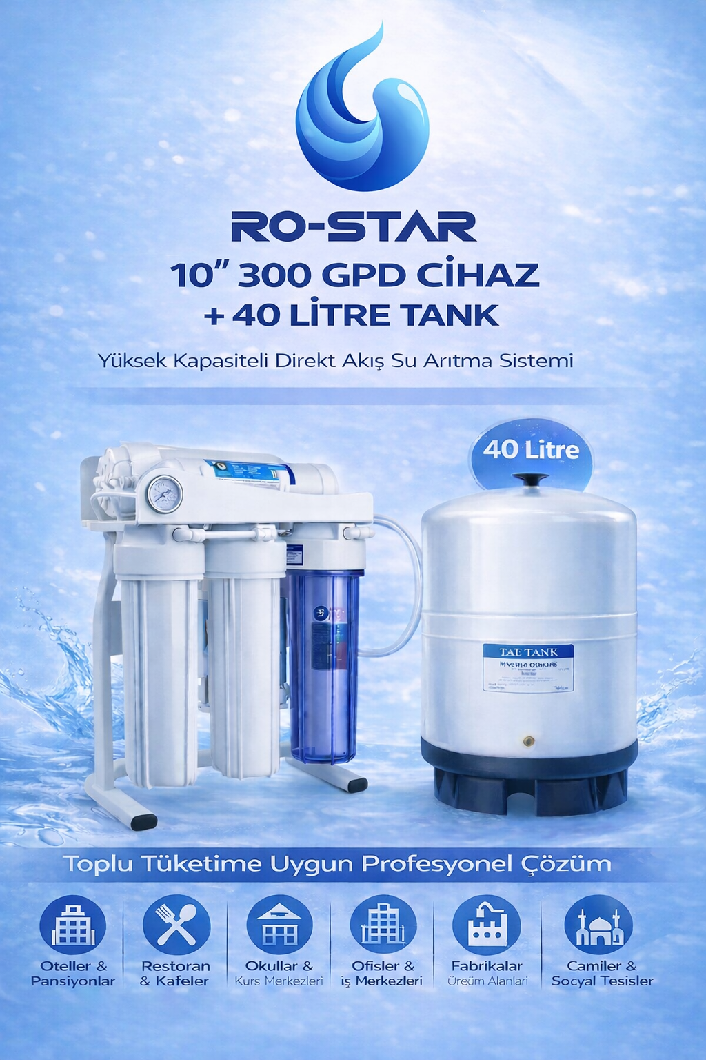 10'' 300 GPD Cafe Tipi Yüksek Akışlı Su Arıtma Cihazı + 40 Litre Tank