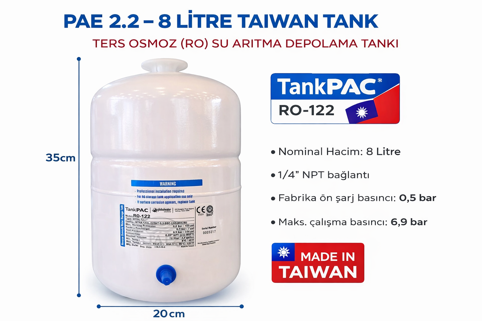 Pae İthal 8 Litre Su Arıtma Tankı (NSF)