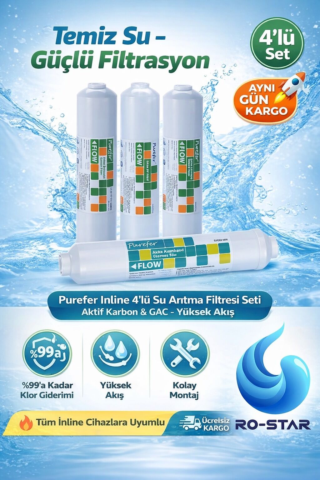 Purefer 12'' Inline 4'lü Filtre Seti NSF sertifikalı