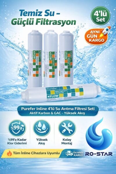 Purefer 12'' Inline 4'lü Filtre Seti NSF sertifikalı
