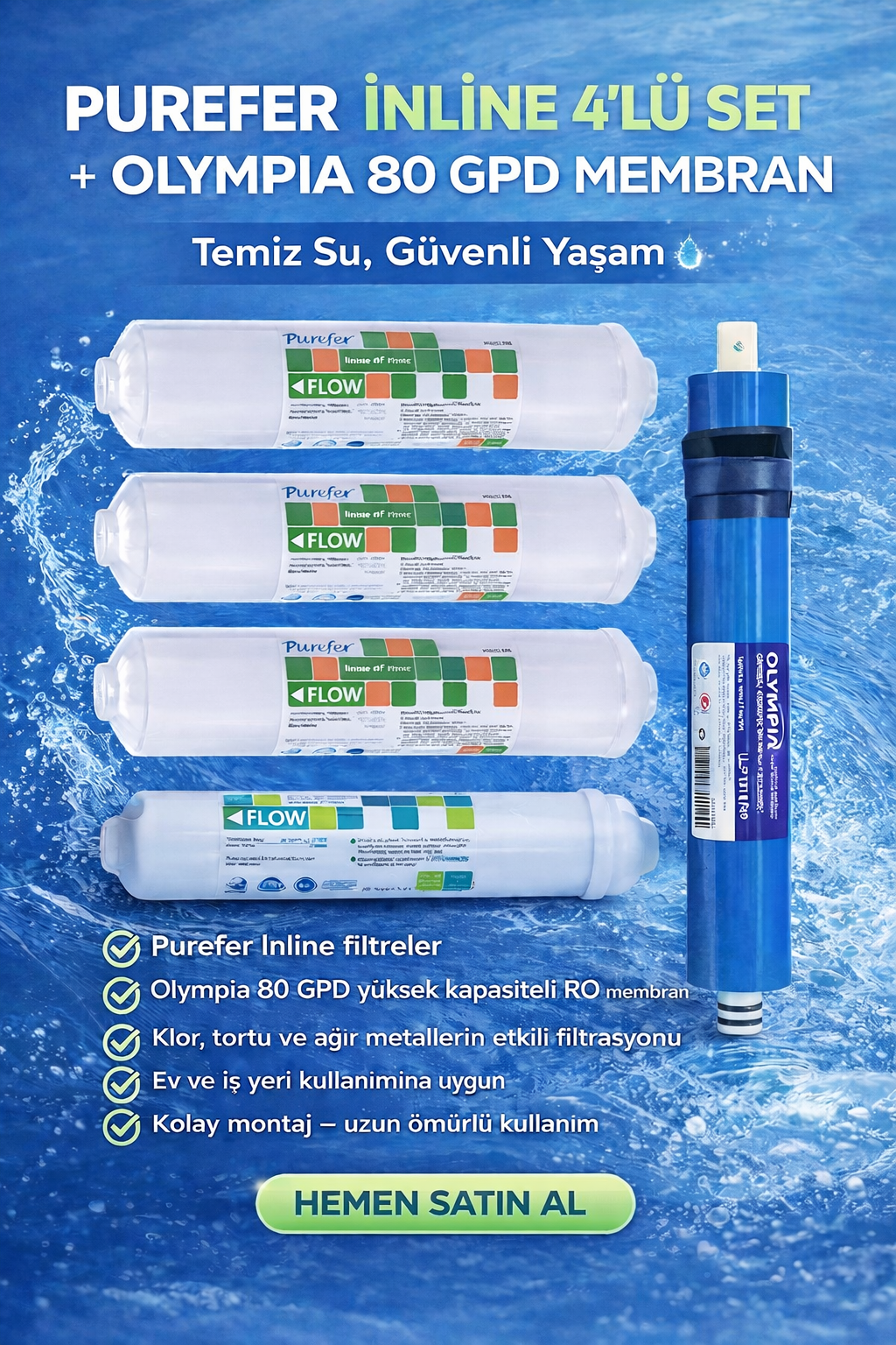 Purefer 12'' Inline 5'li Filtre Seti NSF sertifikalı