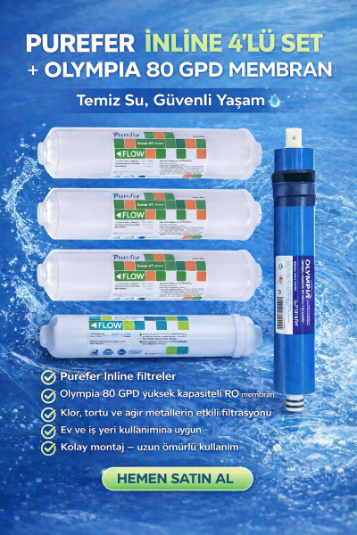 Purefer 12'' Inline 5'li Filtre Seti NSF sertifikalı