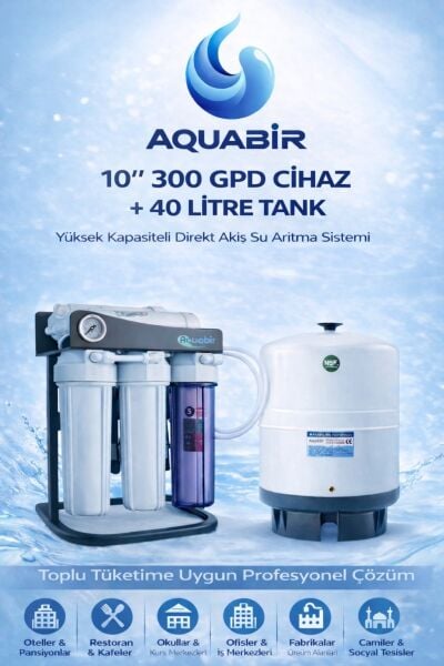 Aquabir 10'' 300 GPD Cafe Tipi Yüksek Akışlı Su Arıtma Cihazı + 40 Litre Tank