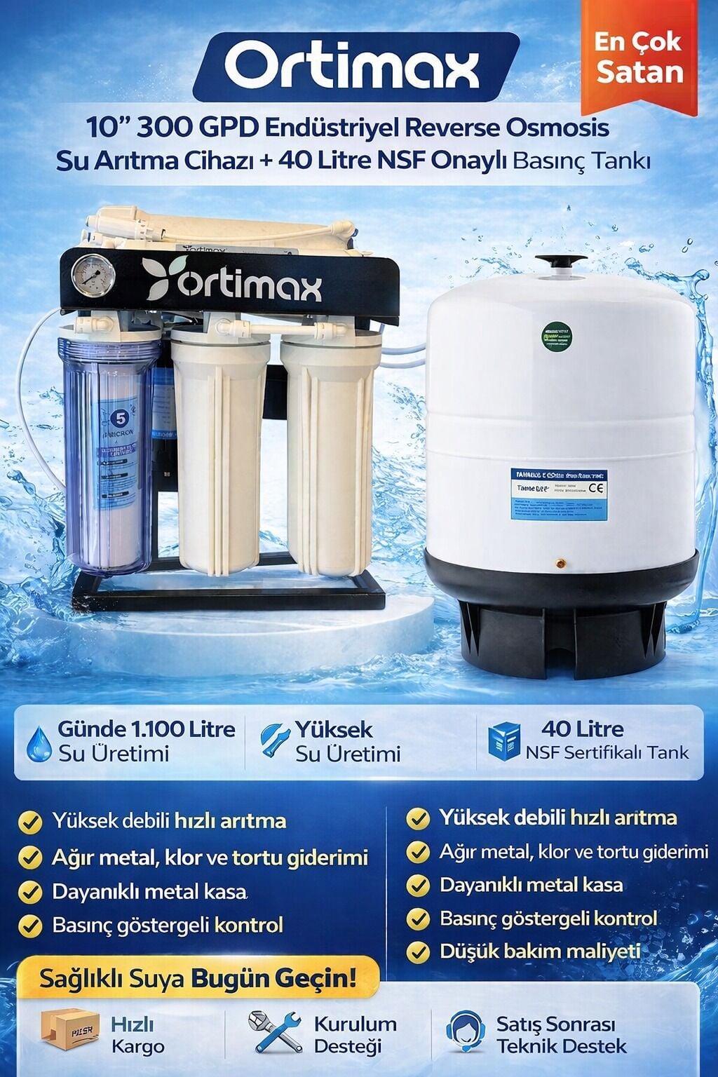 Ortimax 10'' 300 GPD Cafe Tipi Yüksek Akışlı Su Arıtma Cihazı + 40 Litre Tank
