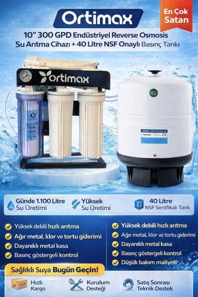 Ortimax 10'' 300 GPD Cafe Tipi Yüksek Akışlı Su Arıtma Cihazı + 40 Litre Tank