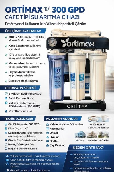 Ortimax 10'' 300 GPD Cafe Tipi Yüksek Akışlı Su Arıtma Cihazı + 40 Litre Tank