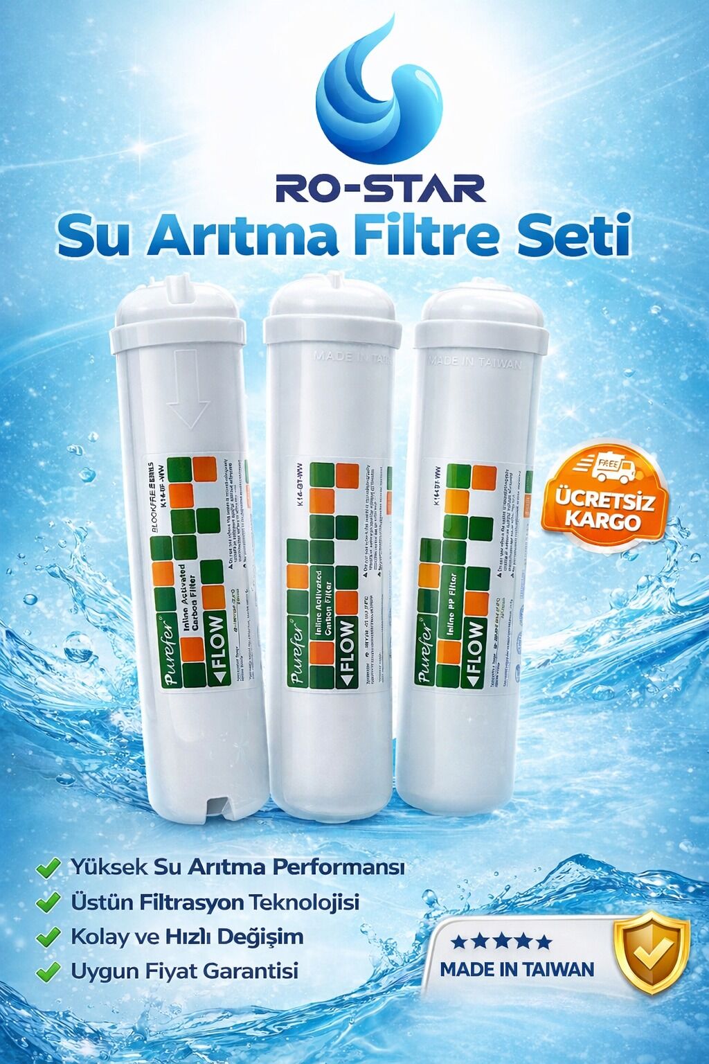 Purefer 12'' Inline 3'lü Filtre Seti NSF sertifikalı