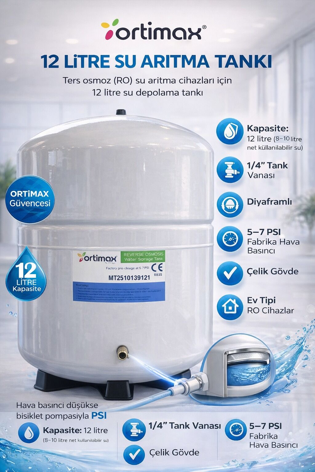 ORTİMAX 12 Litre 3,2 Galon  Su Arıtma Tankı