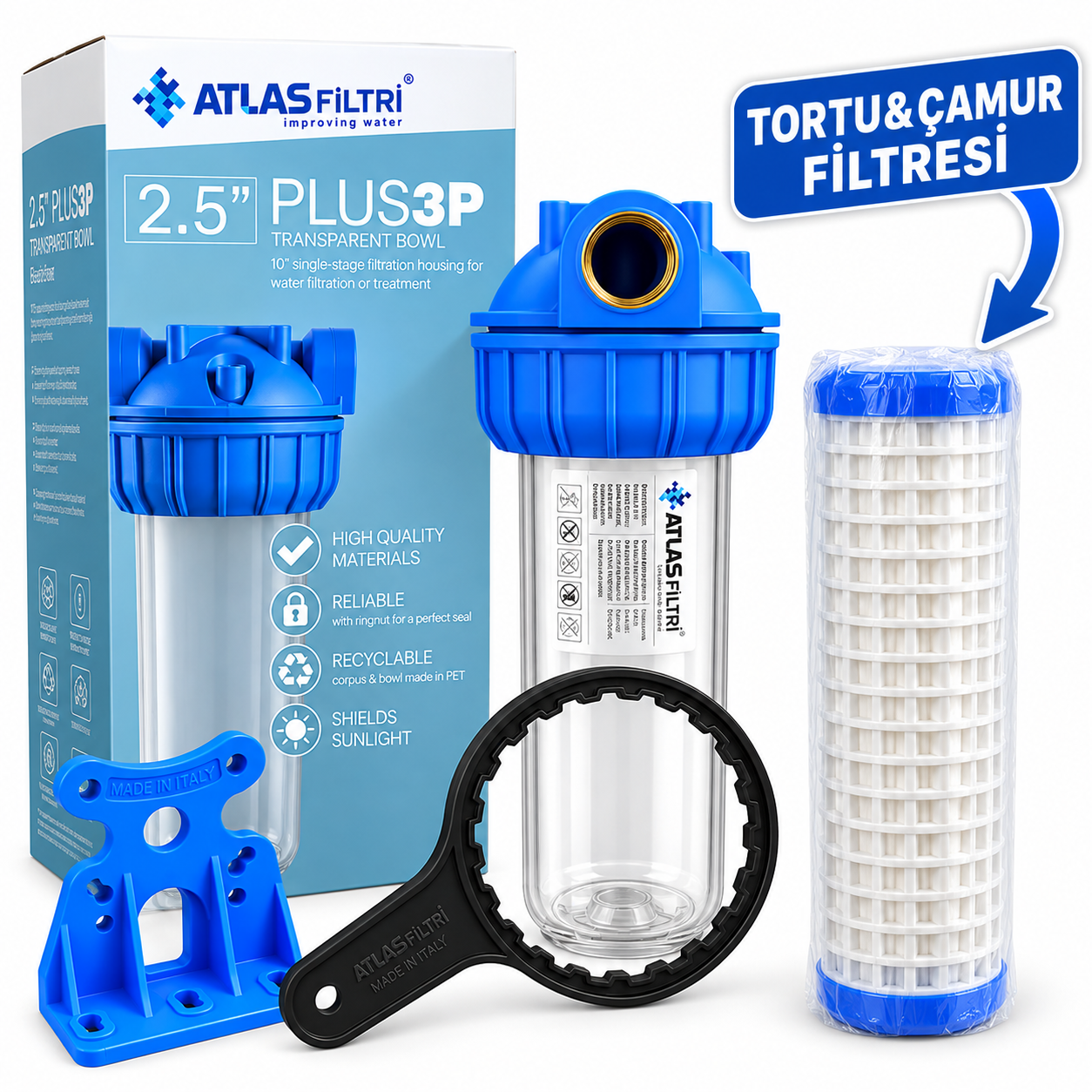 ATLAS 3P 10'' DOLU TEKLİ FİLTRASYON SİSTEMİ (YIKANABİLİR FİLTRELİ) -1'' GİRİŞ&ÇIKIŞ