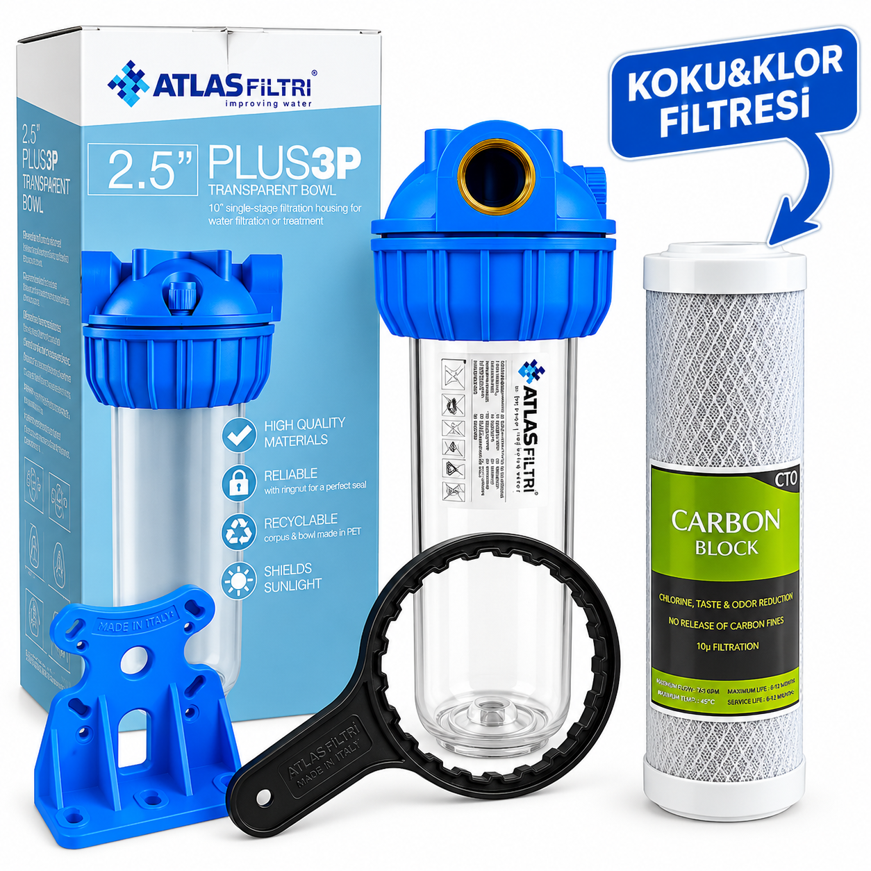 ATLAS 3P 10'' DOLU TEKLİ FİLTRASYON SİSTEMİ (KOKU&KLOR ARITMA) -3/4'' GİRİŞ&ÇIKIŞ