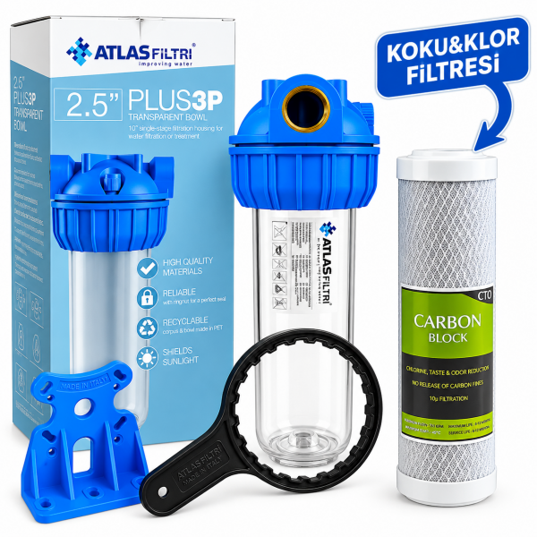ATLAS 3P 10'' DOLU TEKLİ FİLTRASYON SİSTEMİ (KOKU&KLOR ARITMA) -3/4'' GİRİŞ&ÇIKIŞ