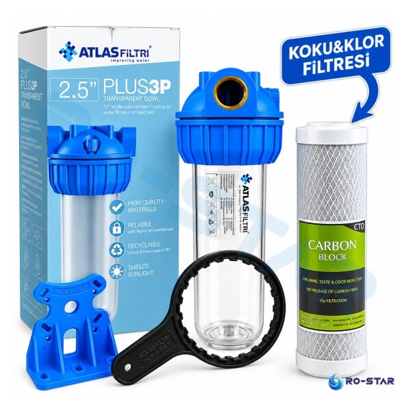 ATLAS 3P 10'' DOLU TEKLİ FİLTRASYON SİSTEMİ (KOKU&KLOR ARITMA) -3/4'' GİRİŞ&ÇIKIŞ