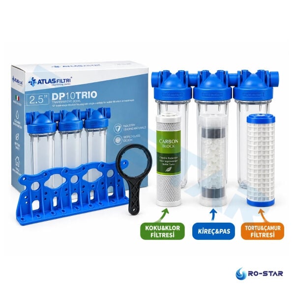 ATLAS 10'' ÜÇLÜ DP FİLTRE KABI DOLU ( 3/4'' GİRİŞ-ÇIKIŞ) - TORTU+KİREÇ+KLOR ARITMA