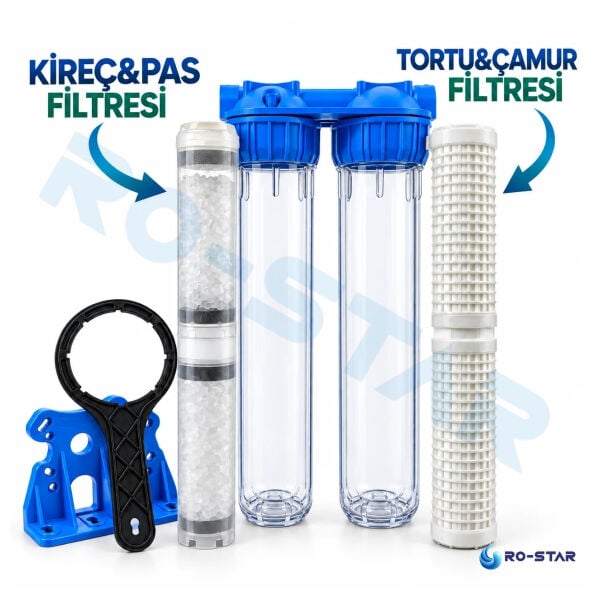 ATLAS 3P 20'' DOLU İKİLİ HAUSING FİLTRE KABI ( 3/4'' GİRİŞ-ÇIKIŞ) TORTU+KİREÇ ARITMA