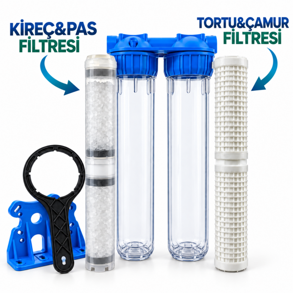 ATLAS 3P 20'' DOLU İKİLİ HAUSING FİLTRE KABI ( 3/4'' GİRİŞ-ÇIKIŞ) TORTU+KİREÇ ARITMA