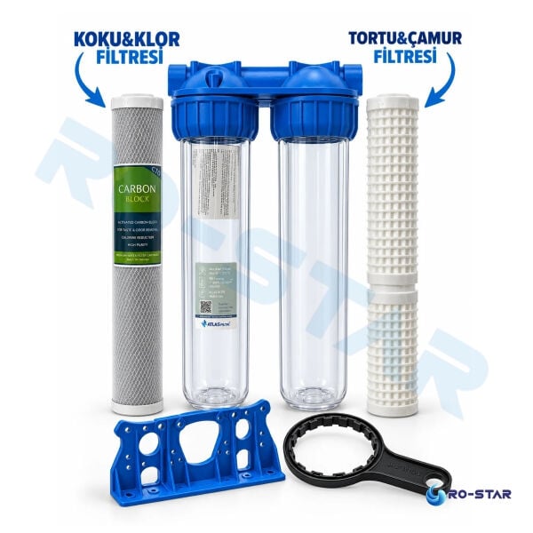 ATLAS 3P 20'' DOLU İKİLİ HAUSING FİLTRE KABI ( 3/4'' GİRİŞ-ÇIKIŞ) TORTU+KLOR ARITMA