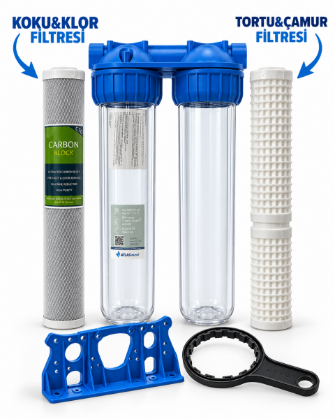ATLAS 3P 20'' DOLU İKİLİ HAUSING FİLTRE KABI ( 3/4'' GİRİŞ-ÇIKIŞ) TORTU+KLOR ARITMA