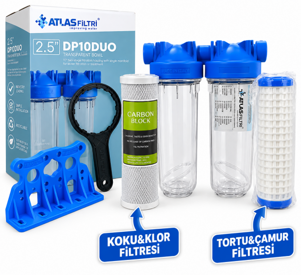 ATLAS DP 10'' DOLU İKİLİ HAUSING FİLTRE KABI ( 3/4'' GİRİŞ-ÇIKIŞ) TORTU+KLOR ARITMA