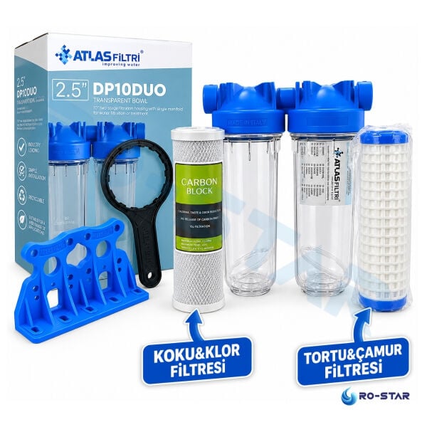ATLAS DP 10'' DOLU İKİLİ HAUSING FİLTRE KABI ( 3/4'' GİRİŞ-ÇIKIŞ) TORTU+KLOR ARITMA