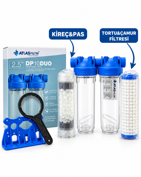 ATLAS DP 10'' DOLU İKİLİ HAUSING FİLTRE KABI ( 3/4'' GİRİŞ-ÇIKIŞ) TORTU+KİREÇ ARITMA